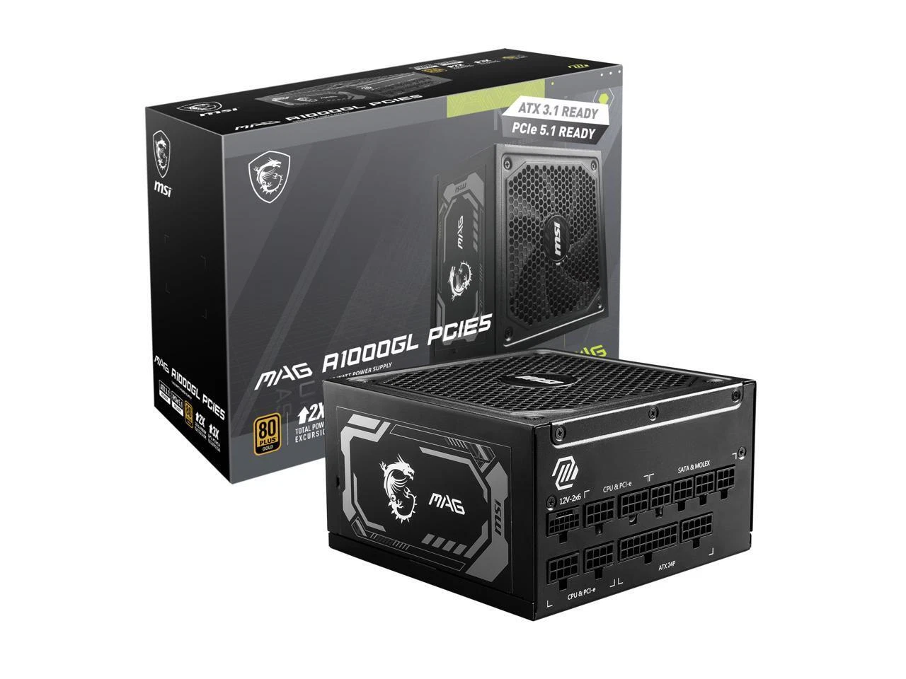 MSI MAG A1000GL PCIE5 1000W ATX 3.1, PCIe 5.1 80+GOLD Full Modular Power Supply